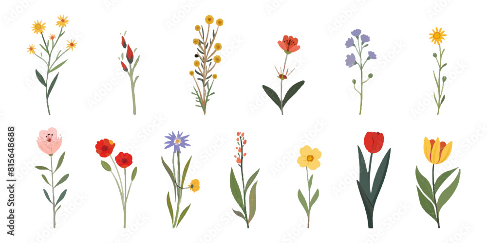 Sticker set of flowers, vector illustration on a white background.