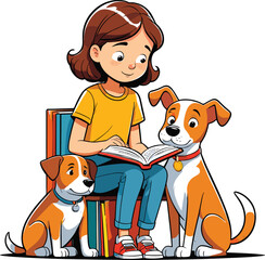 Vector illustration of a child reading a book next to dogs.