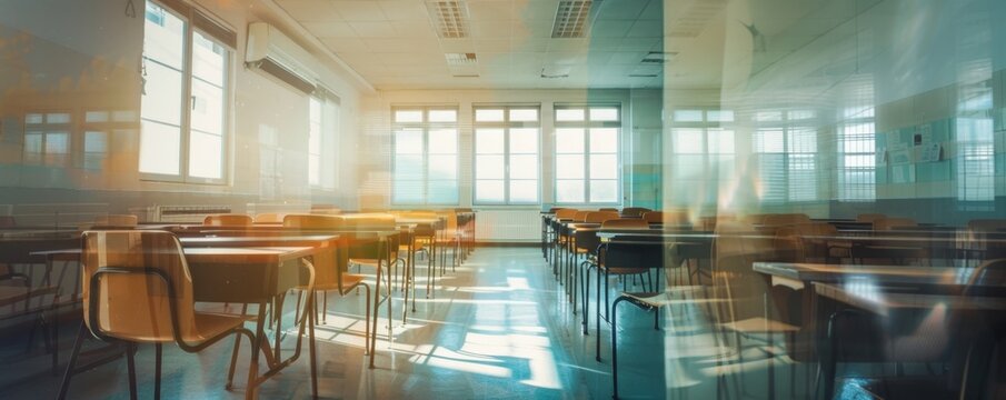 Empty Classroom with Scattered Chairs and Desks, Implied Break from Lessons