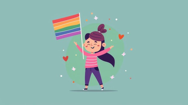 A cheerful character posing with a rainbow flag in a colorful flat design vector