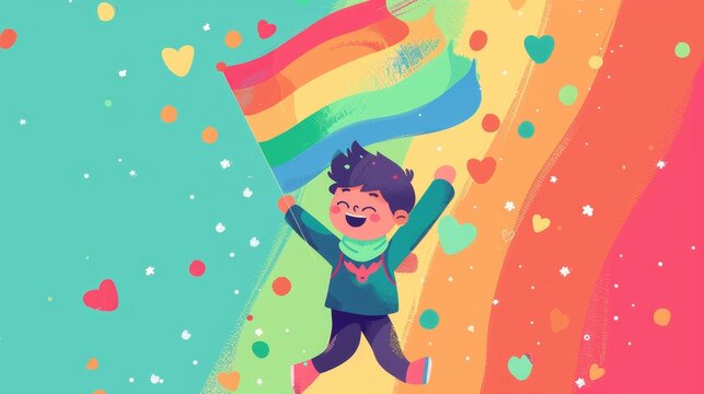 A cheerful character posing with a rainbow flag in a colorful flat design vector