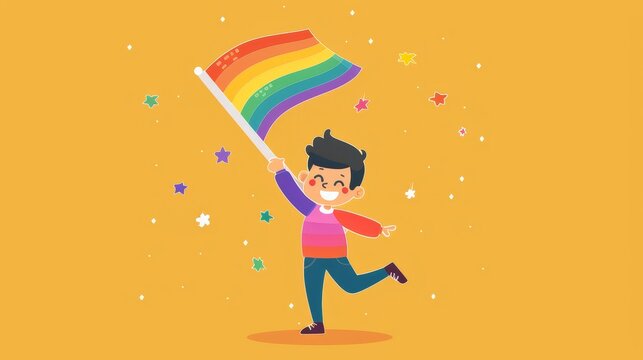 A cheerful character posing with a rainbow flag in a colorful flat design vector