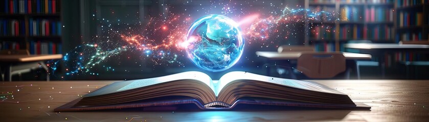 The image shows a book with a glowing blue sphere on top of it