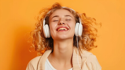 young woman with headphones listening music and singing loud. Generative AI