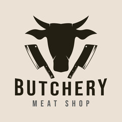 Butchery shop vintage logo design template, meat cleaver knife graphic logo illustration design template
