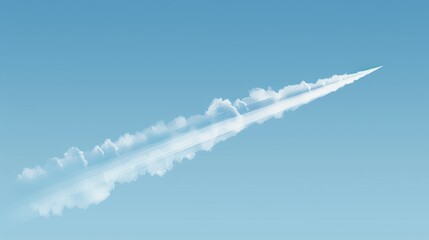 An airplane or rocket is leaving a white steam trail behind it as it goes up in a blue clear sky. A realistic modern illustration of an airplane condensate contrail on a panoramic skyscape with