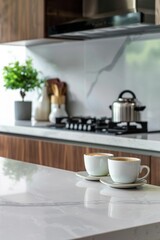 Kitchen island countertop with coffee set, modern kitchen background