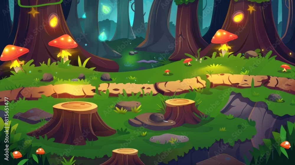 Poster there is a forest and swamp game map with a road between tree stumps and logs with moss and fantasy 