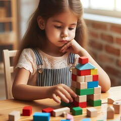 Little girl concentrates on playing with wooden blocks in kindergarten or Montessori early...