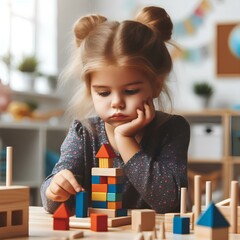 Little girl concentrates on playing with wooden blocks in kindergarten or Montessori early...