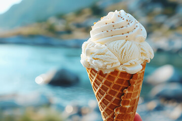 Close-up of a vanilla ice cream cone with whipped cream topping, held against a scenic mountain and lake backdrop, ideal for dessert and summer themes.