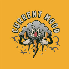 retro cartoon illustration of cloudy clouds holding back lightning