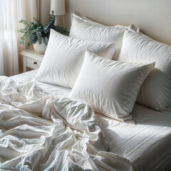there are two pillows on a bed with white sheets and a plant, white pillows, white sheets, white bed, good night, fotografia, plain, pillows, detailed white, beautiful natural soft light, flowing silk