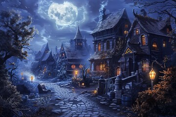 Spooky Halloween Town 3D illustration 