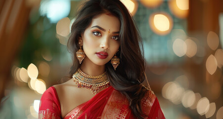 beautiful Indian actress in a red saree, gold jewellery earrings and necklaces, beautiful brown hair with long wavy waves, golden eyes