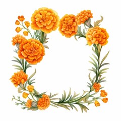 Obraz premium marigold themed frame or border for photos and text. with orange and yellow blooms. watercolor illustration, frame made of marigolds, frame painted in watercolor, for greeting card and invitation.