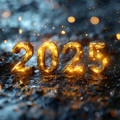 Typography Reading "2025" New Year Abstract shiny color gold design 