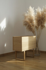 Minimal design wooden box or flower pot and pampas grass in vase in the apartment, home decor concept.