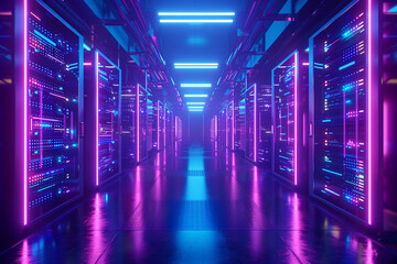 Data storage server warehouse room with neon blue and violet light glowing trails, data network and connection for communication