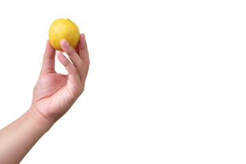 Hand holding lemon, ripe lemon, isolated 