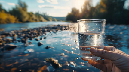 A dramatic shot of a person holding a transparent glass of water against the backdrop of a polluted river, highlighting the contrast between clean and contaminated water sources. D - Powered by Adobe