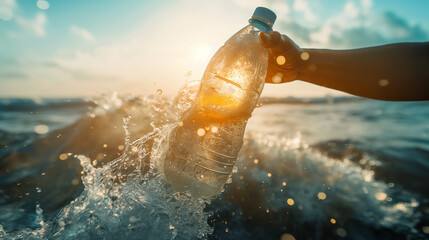 A cinematic image of a person emerging from the ocean waves, a bottle of purified water in hand, symbolizing the connection between clean water and revitalization. Dynamic and dram