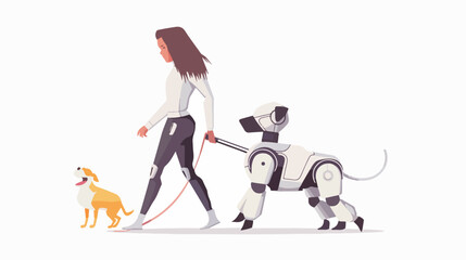 Robotized assistant walking dog flat vector illustration