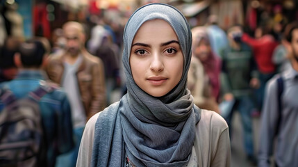 pretty, beautiful, very attractive middle eastern young woman looking at the camera posing at an Arab city market.