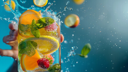 A vibrant photograph of a person enjoying a glass of fruit-infused water, with colorful slices of lemon and mint floating in the clear liquid, promoting the enjoyment of clean, fla