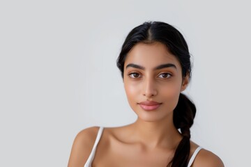 Naklejka premium Elegant young woman with a calm gaze and simple braid, against a white backdrop