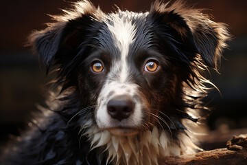 Stray dog in animal shelter waiting for adoption. Portrait of homeless dog in animal shelter cage..