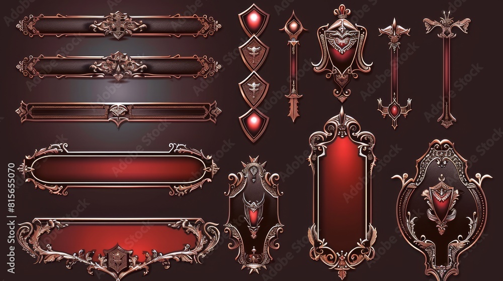 Poster modern design of a red ui button frame for a fantasy game banner. medieval title bar element. decora