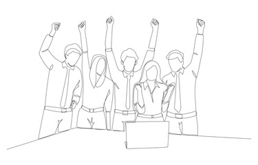 Continuous one-line drawing of business people raising hands for celebration in front of laptop, team celebrating after finishing work or project concept, single line art.