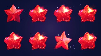A cartoon modern illustration of a rotating red metal star for a bonus or achievement animation design. A video sequence of a rotating red metal star for a casino or gameUI.