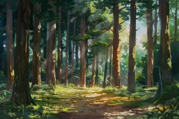 A picture of a forest in an anime. An empty forest in the anime with the morning sun shining through the trees.