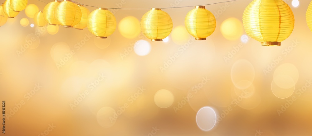 Poster yellow background with soft round bokeh lanterns card for the holiday. copy space available