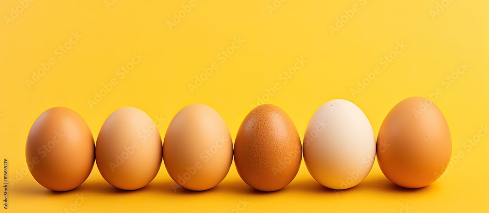 Poster brown chicken eggs on yellow background fresh chicken eggs background top view with copy space