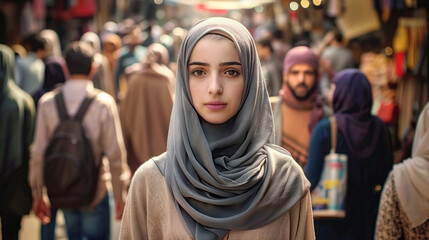 pretty, beautiful, very attractive middle eastern young woman looking at the camera posing at an Arab city market.