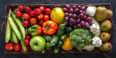 A wicker basket filled with colorful fruits and vegetables. The basket contains apples, bananas, grapes, pears, strawberries, tomatoes, peppers, zucchini, and broccoli. - Powered by Adobe