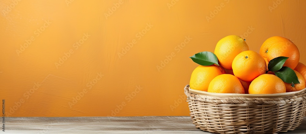 Poster The wicker basket on the table holds fresh juicy oranges with ample room for text in the image