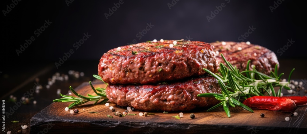 Poster raw beef burger cutlets with rosemary and spices on a slate board on a concrete background. copy spa