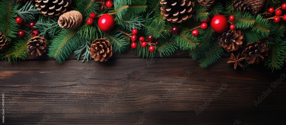 Poster top view of a festive arrangement featuring a christmas pinecone vibrant holly branches and a green 