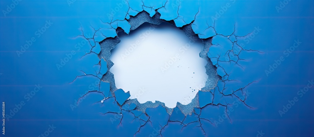 Aufkleber hole in studio blue background torn paper background copy space