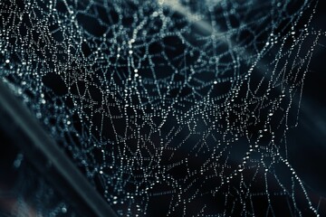 Macro shot of a glistening, intricately woven spider web resting atop a car window.