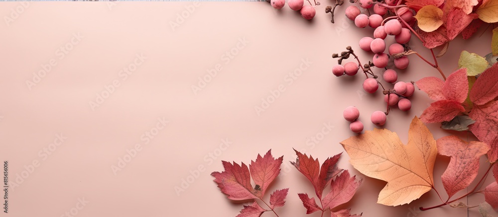 Poster Autumn creative composition Red leaves empty blank card in paper envelope wild grape berries on pink paper background Fall thanksgiving day concept Flat lay top view copy space