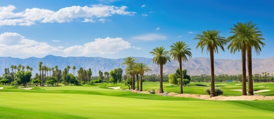 View of a green field with growing palm trees against the blue sky in Luxor Copy space