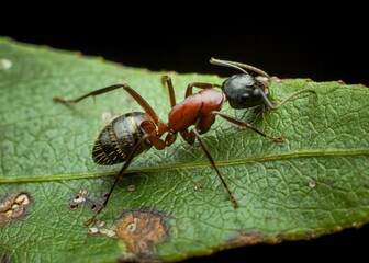Macro shot of an ant perched atop a green leaf.