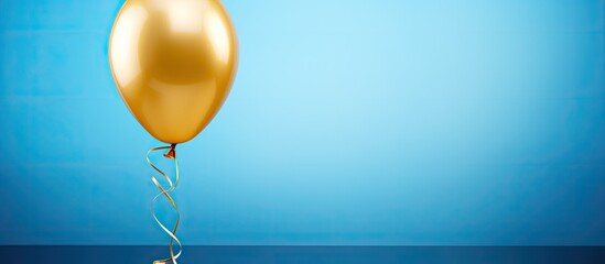 golden yellow foil balloon on blue concrete background number ninety eight Birthday or anniversary card with the inscription 98 Anniversary celebration Banner. copy space available