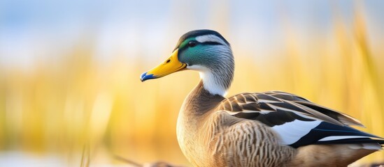 Male mallard duck with a shallow depth of field and copy space