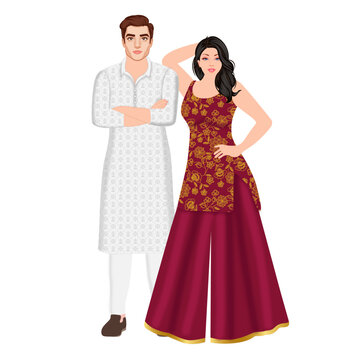 Beautiful Indian Couple Standing Wearing Sherwani and Ethnic Dress 